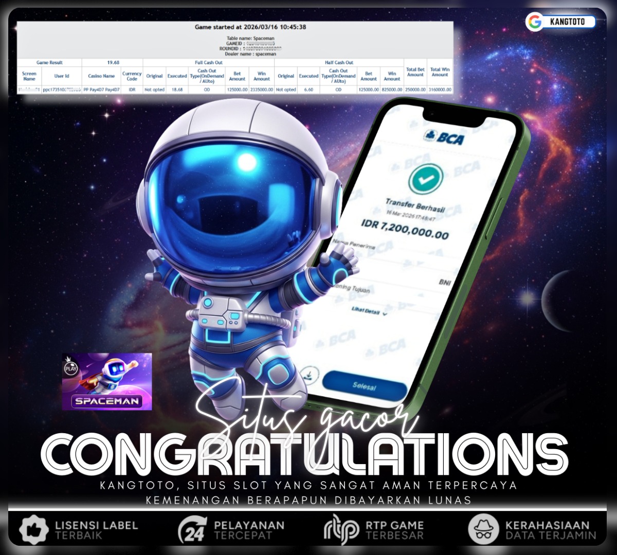 PRAGMATIC PLAY - JACKPOT SPACEMAN Rp7.200.000 LUNAS